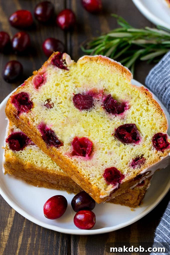 A plate with two inviting slices of cranberry bread, garnished with fresh cranberries for a beautiful presentation.