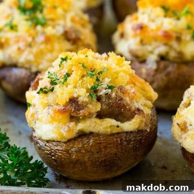 Sausage stuffed mushrooms filled with Italian sausage and three types of cheese, garnished with fresh parsley.