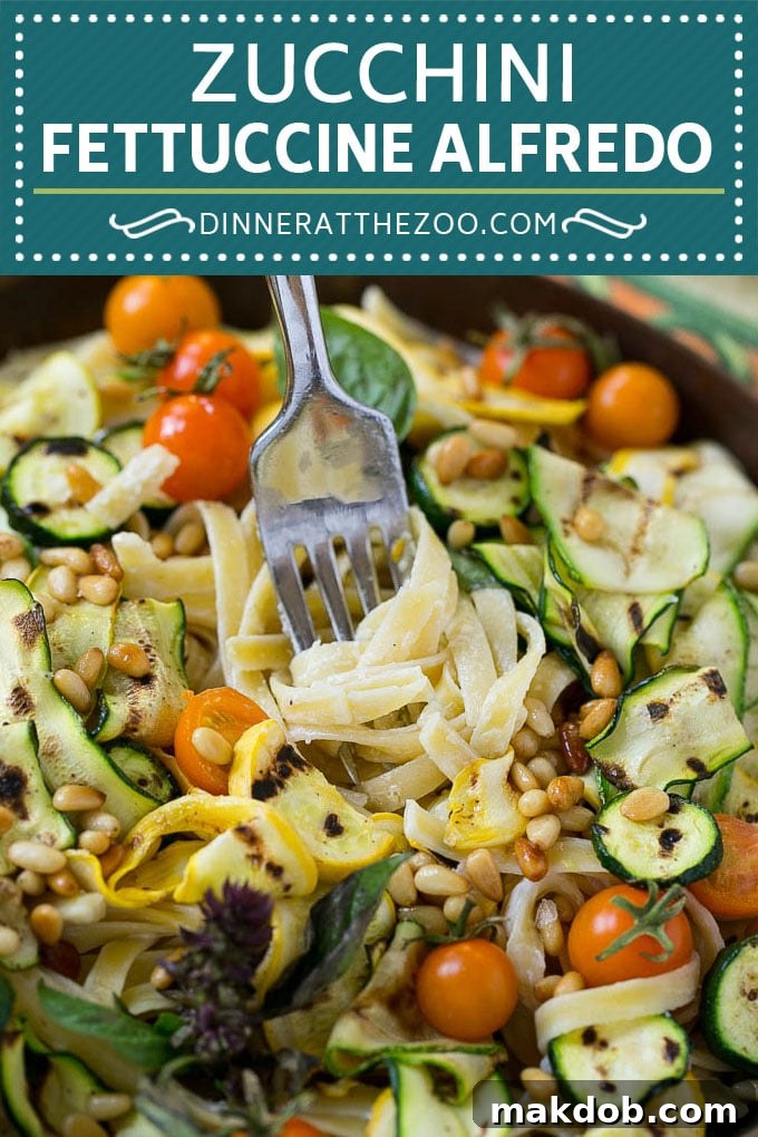 Zucchini Fettuccine Alfredo, a healthy pasta dish with grilled zucchini, cheese, and tomatoes. Perfect for dinner.