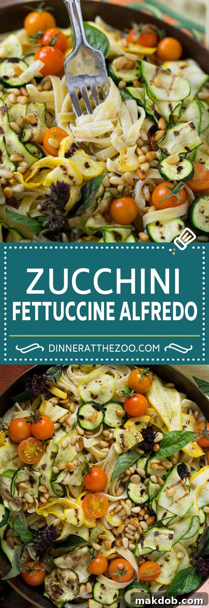 Zucchini Fettuccine Alfredo Recipe | Healthy Zucchini Fettuccine Alfredo | Lighter Zucchini Fettuccine Alfredo | Best Zucchini Fettuccine Alfredo A close-up of creamy Zucchini Fettuccine Alfredo with grilled vegetables and herbs.