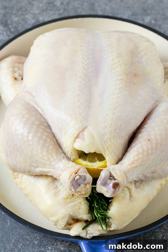 A raw chicken stuffed with lemon, onion and herbs.