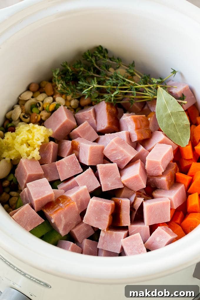 Simmering Ham and Bean Soup in Slow Cooker | Hearty Crockpot Dinner | Easy One-Pot Meal #slowcooker #soup #dinner A rich slow cooker ham and bean soup simmering with vegetables, savory pork, herbs, and garlic.