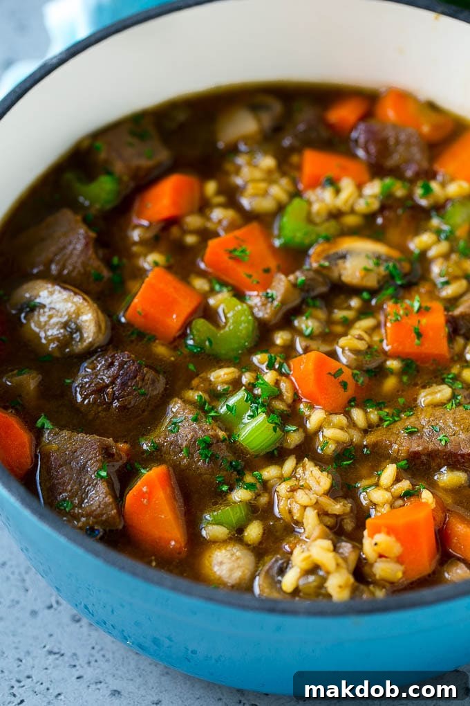 A pot of beef barley soup, ready for serving, showcasing the rich broth, tender beef, and colorful vegetables.