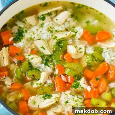 A pot of chicken and rice soup with carrots, celery, chicken breast and white rice.