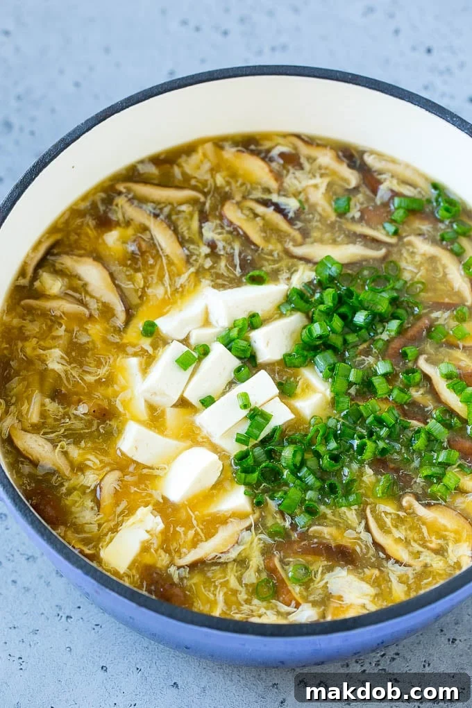 A vibrant close-up of Hot and Sour Soup in a bowl, featuring perfectly diced tofu, bright green onions, and the classic rich broth, highlighting the freshness and appeal of this Asian delicacy.