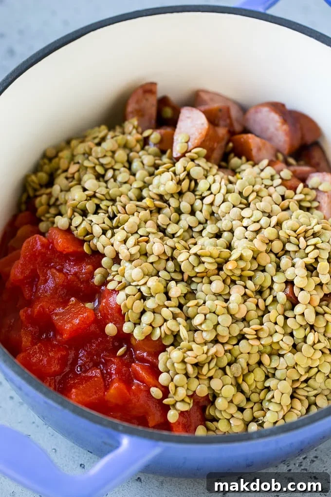 Lentil Soup Recipe | Sausage Lentil Soup #soup #lentils #sausage #dinner #glutenfree #dinneratthezoo Sausage, vegetables, dried lentils and tomatoes in a pot.