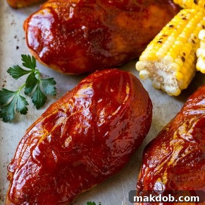 Perfectly Smoked Chicken 2 Smoked chicken breasts on a sheet pan with corn on the corn and fresh herbs, ready for serving.