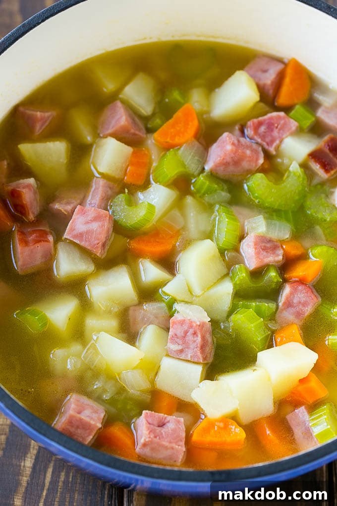 Ham and Potato Soup Base Simmering A large pot brimming with potatoes, ham, carrots, and celery, simmering in a flavorful chicken broth base.
