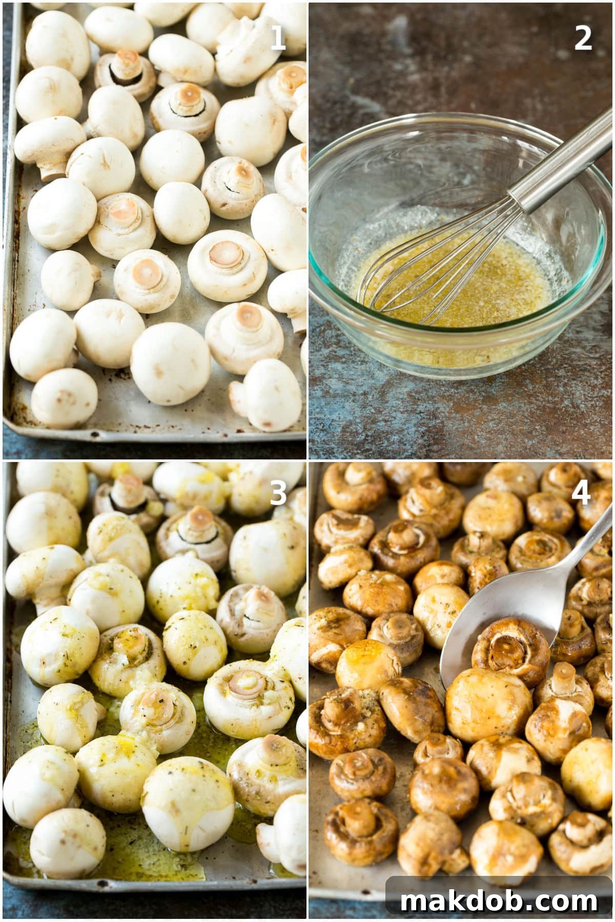 Rich Garlic Butter Roasted Mushrooms 4 Step-by-step photos illustrating the preparation and seasoning of mushrooms before roasting.