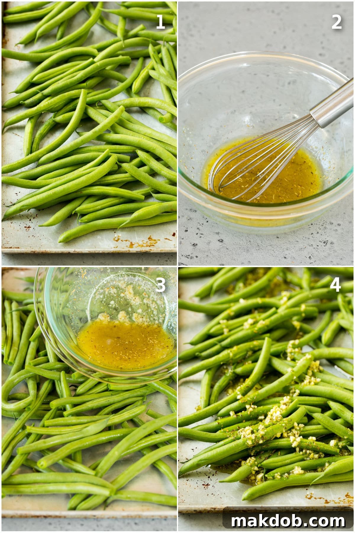Step by step process shots showing how to prepare, season, and roast green beans on a sheet pan.