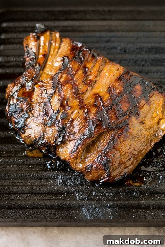 Beef cooked on a grill pan, showing a beautiful sear.