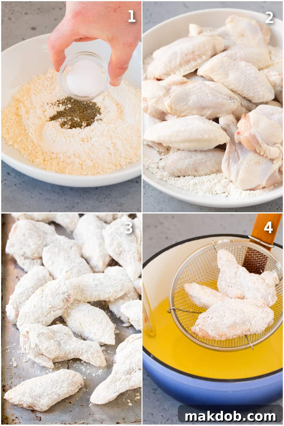 Citrus Peppered Wings 4 A collage of step-by-step photos showing the process of breading and deep frying chicken wings to a golden crisp.