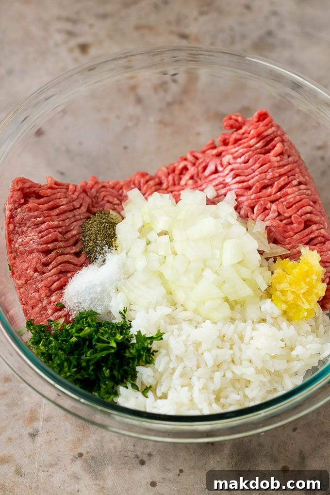 Ground beef, onion garlic, rice and herbs in a mixing bowl.