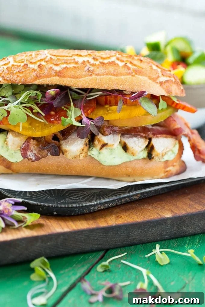 A sliced grilled chicken sandwich, revealing the juicy chicken, avocado ranch sauce, and other fillings.