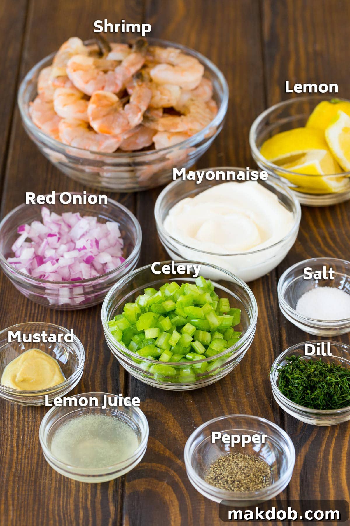 Zesty Shrimp Salad 3 Bowls of ingredients including shrimp, vegetables, mayonnaise, mustard and seasonings.