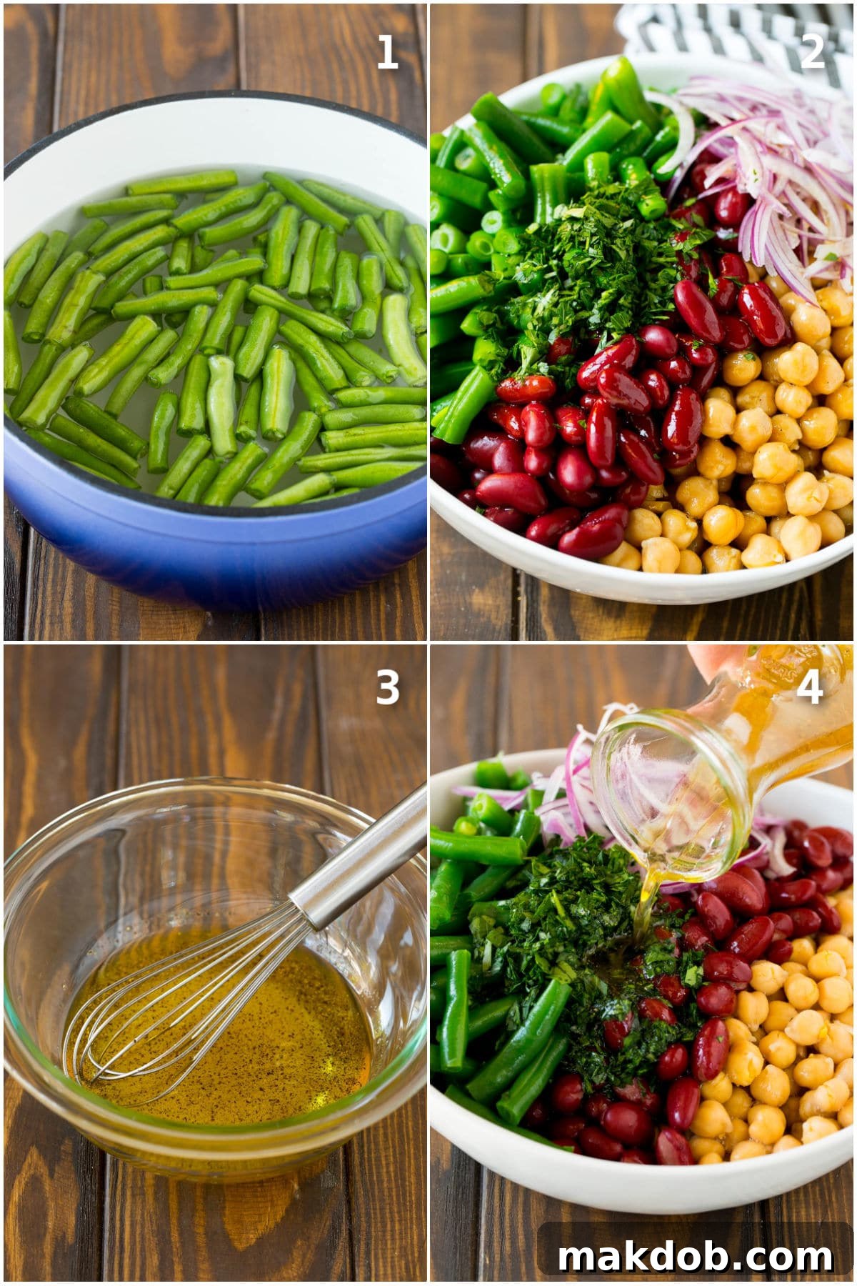 A collage of process shots illustrating the steps to make a three bean salad: blanching green beans, combining ingredients, and whisking the dressing.