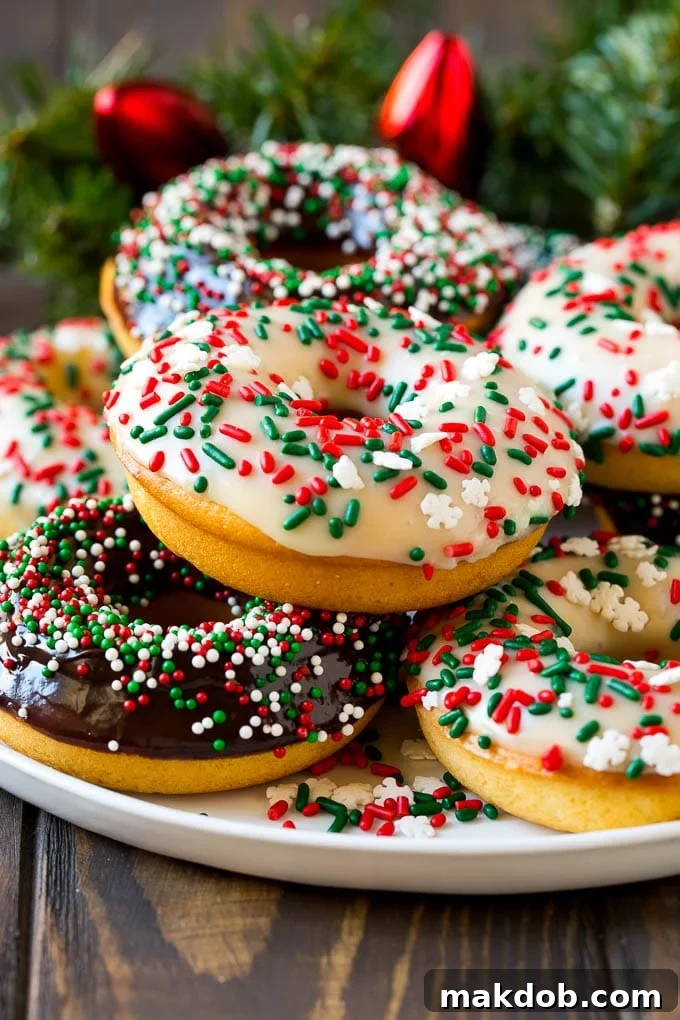 Homemade Baked Donuts 5 Baked donuts topped with rich chocolate ganache and decorated with vibrant holiday sprinkles.