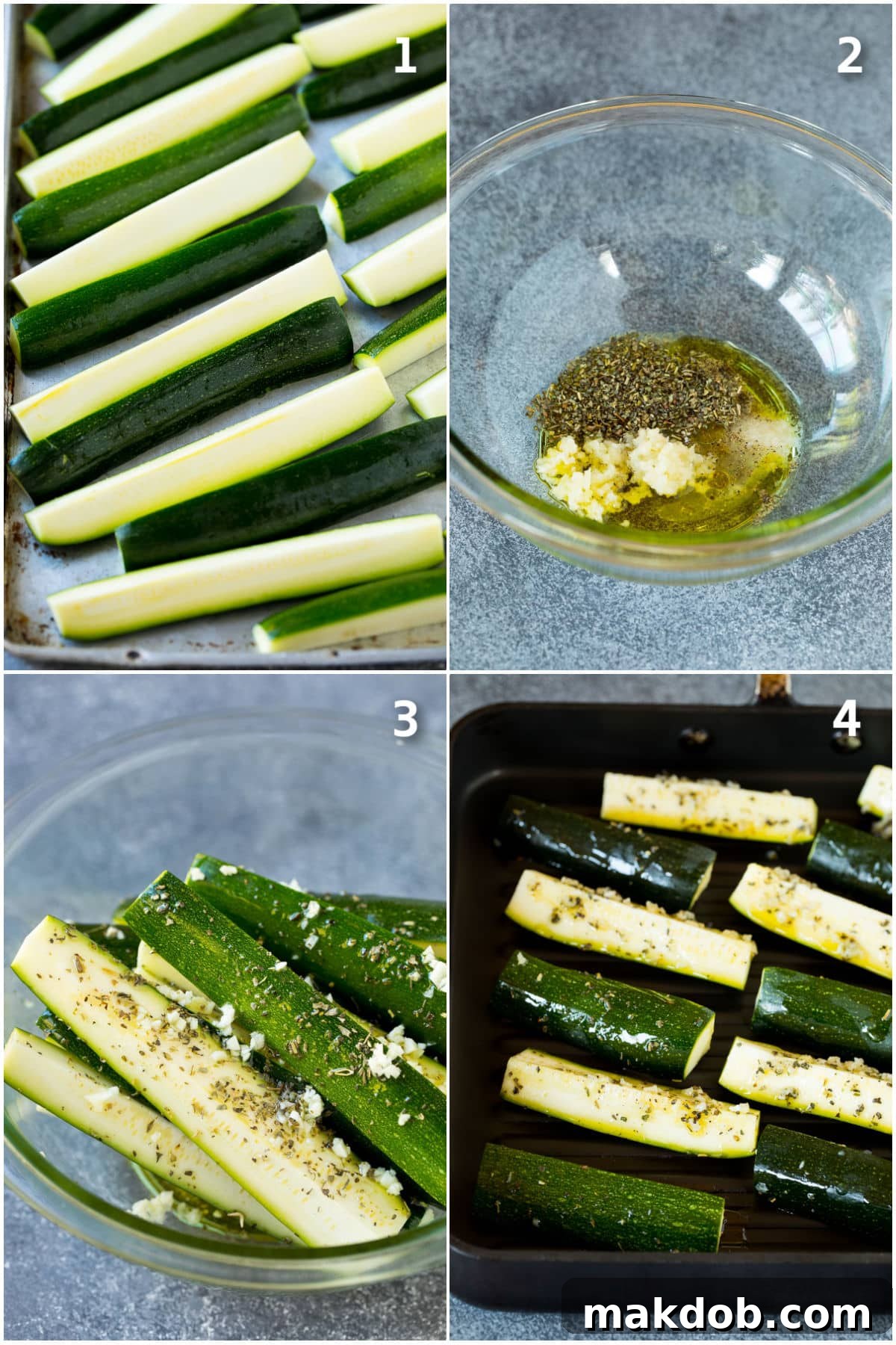 A step-by-step photographic collage demonstrating the process of preparing and grilling zucchini, from slicing to final char marks.