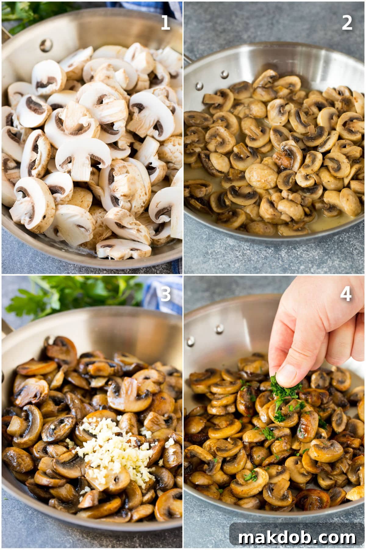 Step by step shots showing how to saute mushrooms, from raw ingredients to golden-brown perfection in a skillet.