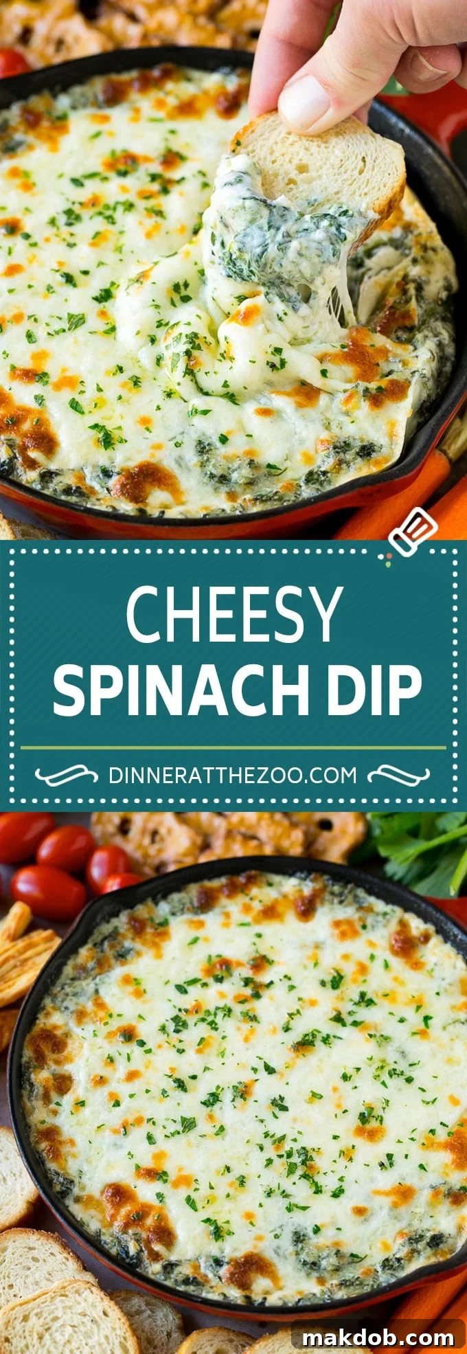Delicious hot spinach dip baked to golden perfection, served in a skillet.
