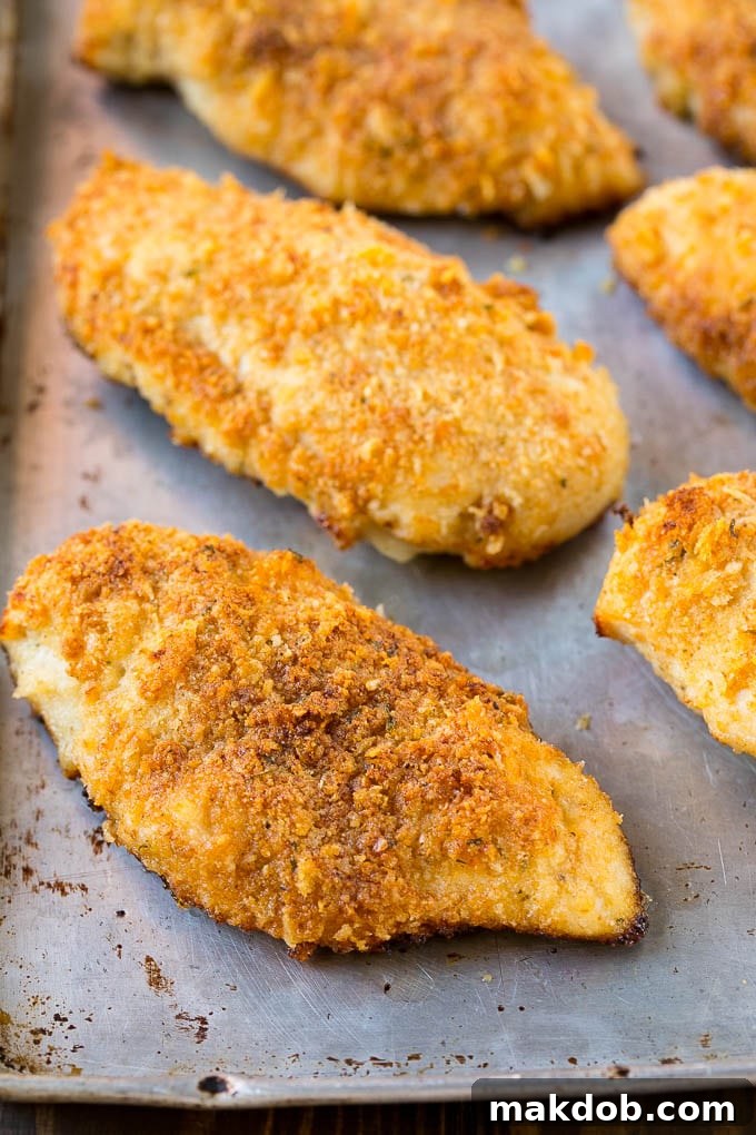 Baked crispy chicken breasts on a baking sheet pan.