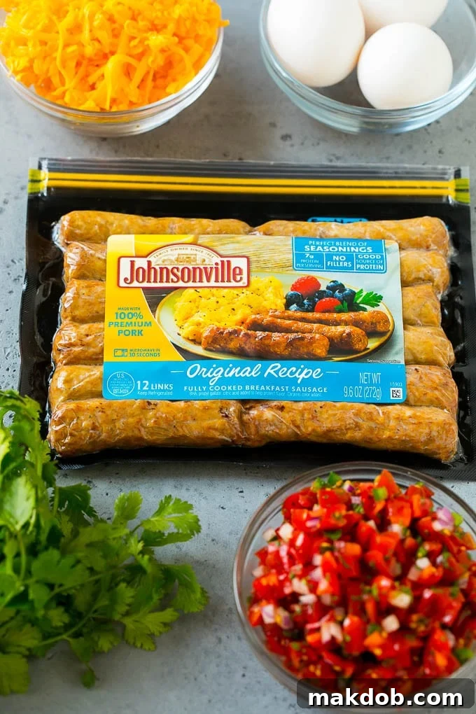 A package of sausage links along with bowls of pico de gallo, eggs and shredded cheese, ready to be assembled into breakfast burritos.