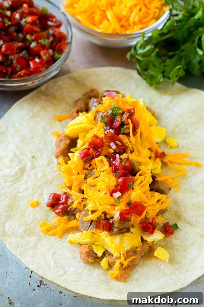A flour tortilla topped with eggs, sausage, cheese and vibrant pico de gallo salsa, ready for folding.
