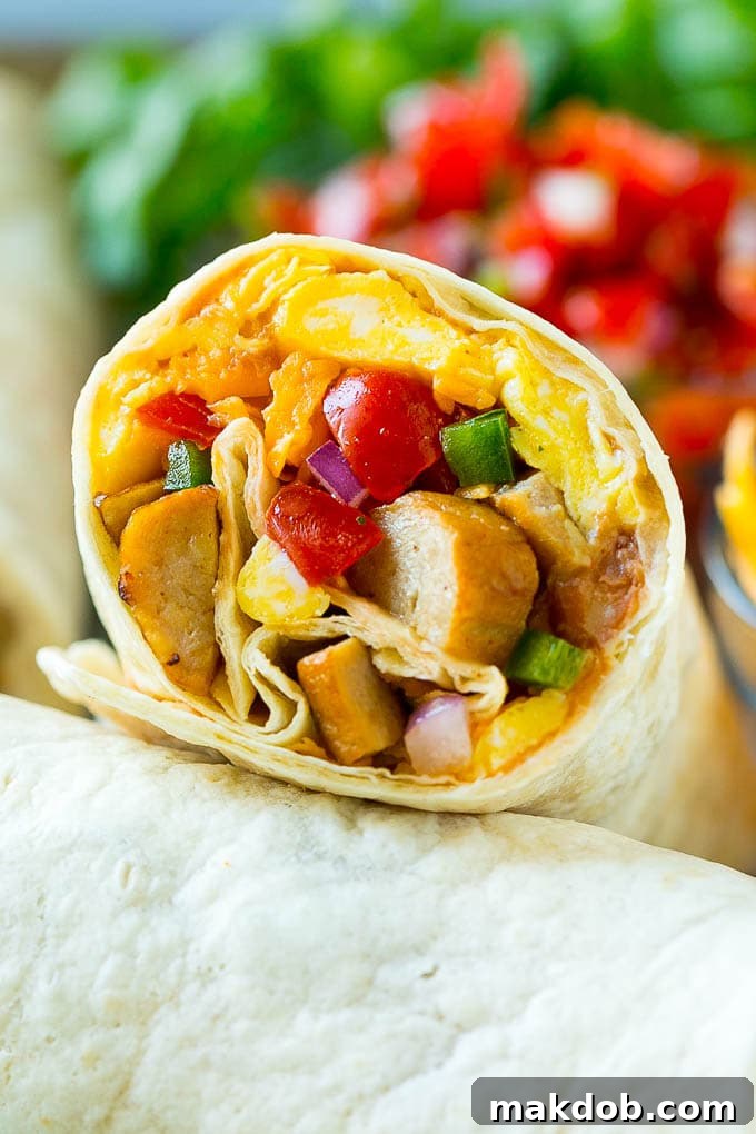 A breakfast burrito stuffed with sausage, eggs, pico de gallo and cheese, showcasing the perfect wrap.