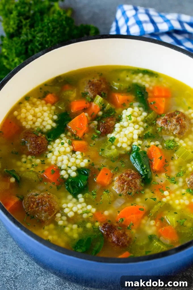 A pot of Italian wedding soup filled with meatballs, vegetables and pasta in a savory broth.