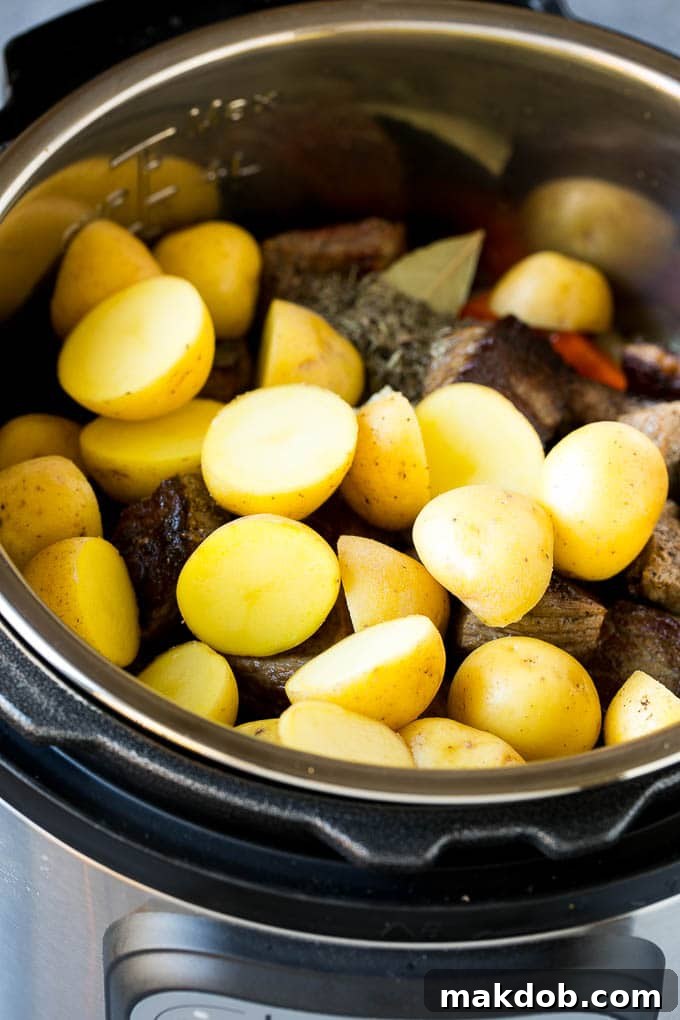 Chunks of meat, vibrant vegetables, and halved baby potatoes, all ready for pressure cooking within an Instant Pot, set to create a delicious stew.