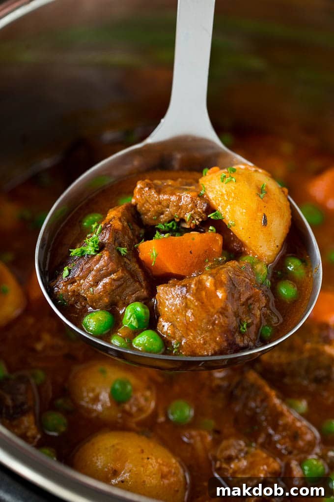 A ladle filled with robust Instant Pot beef stew, showcasing generous chunks of tender beef, vibrant carrots, soft potatoes, and green peas, ready to be served.