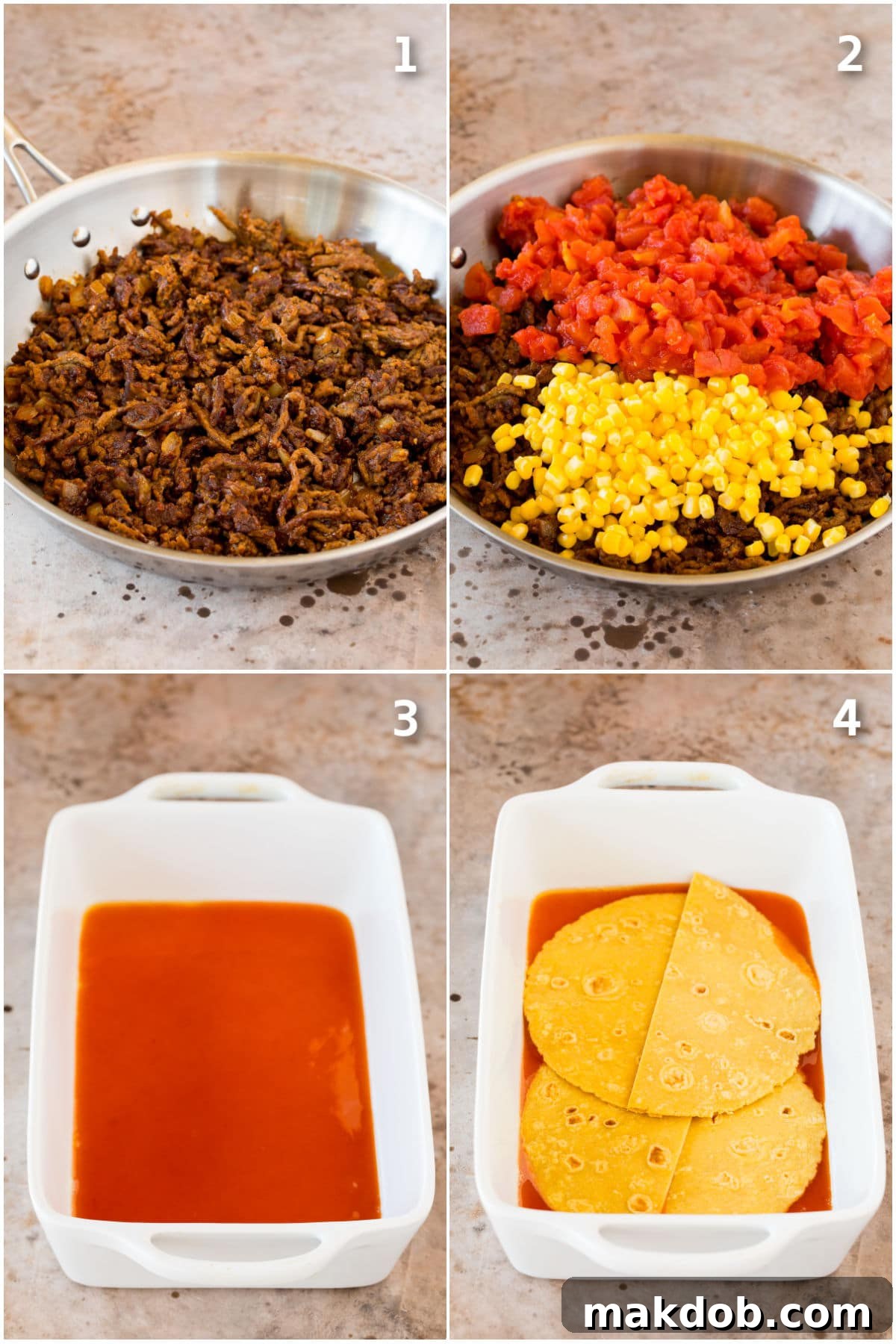 Zesty Mexican Layer Bake 4 A collage of process shots showing ground beef and diced onions cooking in a skillet, followed by the layering of tortillas, beef mixture, cheese, and enchilada sauce in a baking dish.