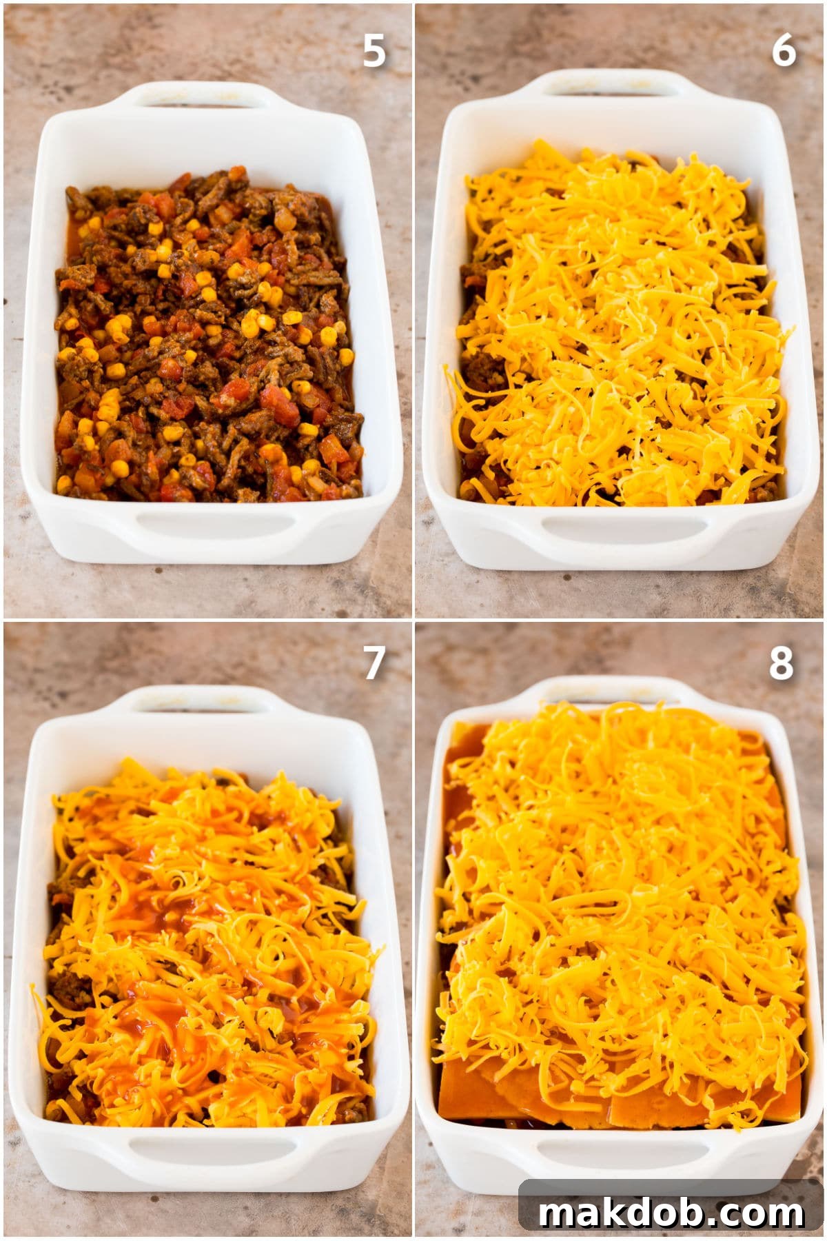 Zesty Mexican Layer Bake 5 Close-up process shot showing layers of seasoned ground beef, tortillas, shredded cheese, and red enchilada sauce being assembled in a rectangular baking dish.