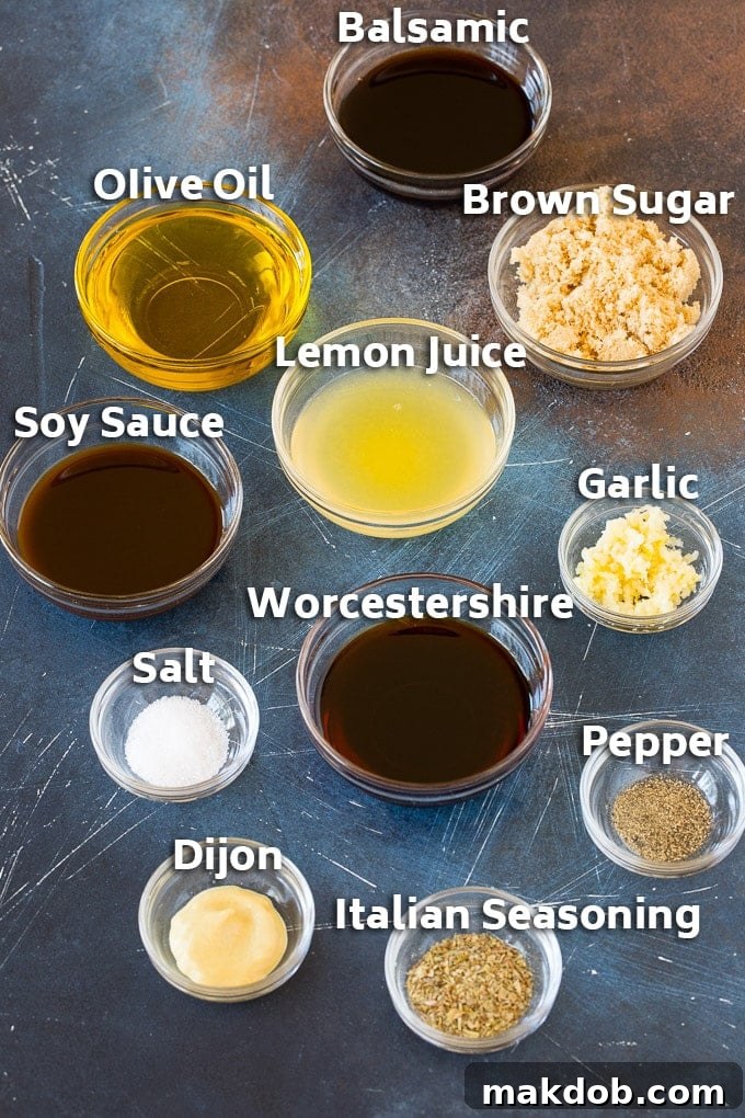 Bowls showcasing the fresh ingredients for the pork chop marinade, including olive oil, lemon juice, various seasonings, herbs, and spices.