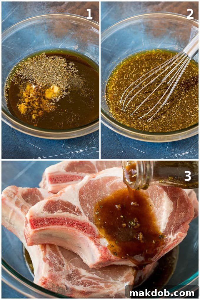 A visual step-by-step guide illustrating how to prepare a homemade pork marinade, from combining ingredients to adding the pork chops for marination.
