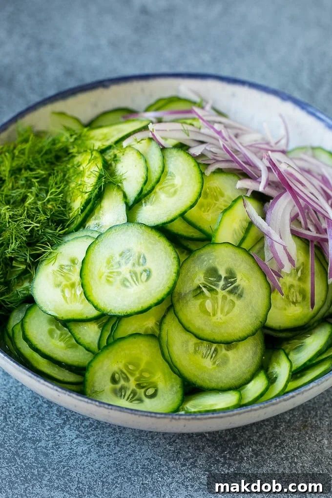 Fresh Ingredients for Classic Cucumber Salad Close-up of fresh ingredients for cucumber salad, including a bowl filled with thinly sliced red onion and vibrant fresh dill.