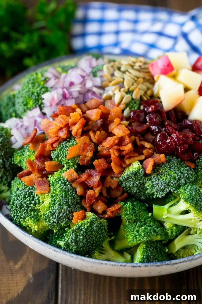 Broccoli Salad Recipe | Creamy Broccoli Salad | Bacon Broccoli Salad #salad #broccoli #bacon #apple #dinneratthezoo #sidedish Broccoli florets, bacon, apples, dried cranberries, red onion and sunflower seeds in a bowl.