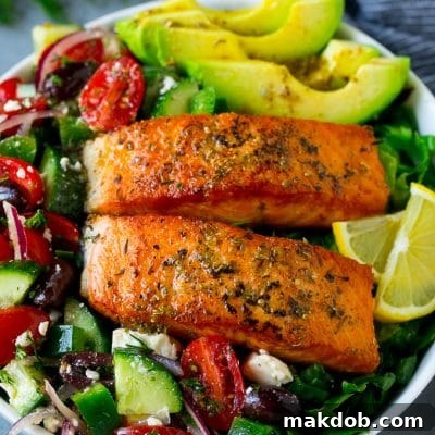 Aegean Salmon Salad 2 Salmon salad made with seared salmon fillets, vegetables, avocado olives and feta cheese.