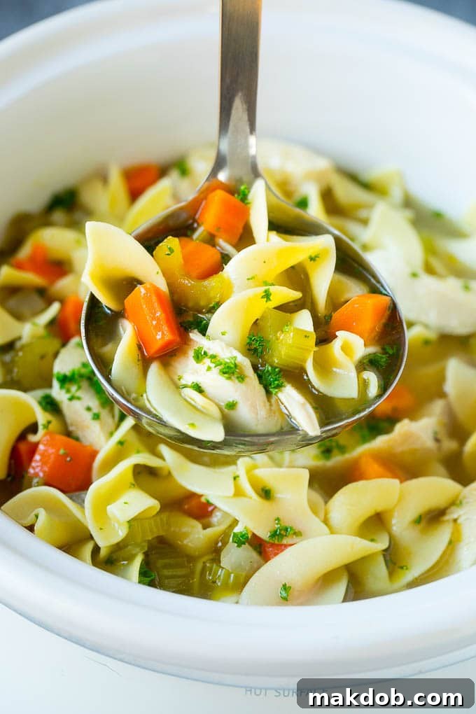 A ladle full of golden chicken noodle soup being served from a slow cooker.