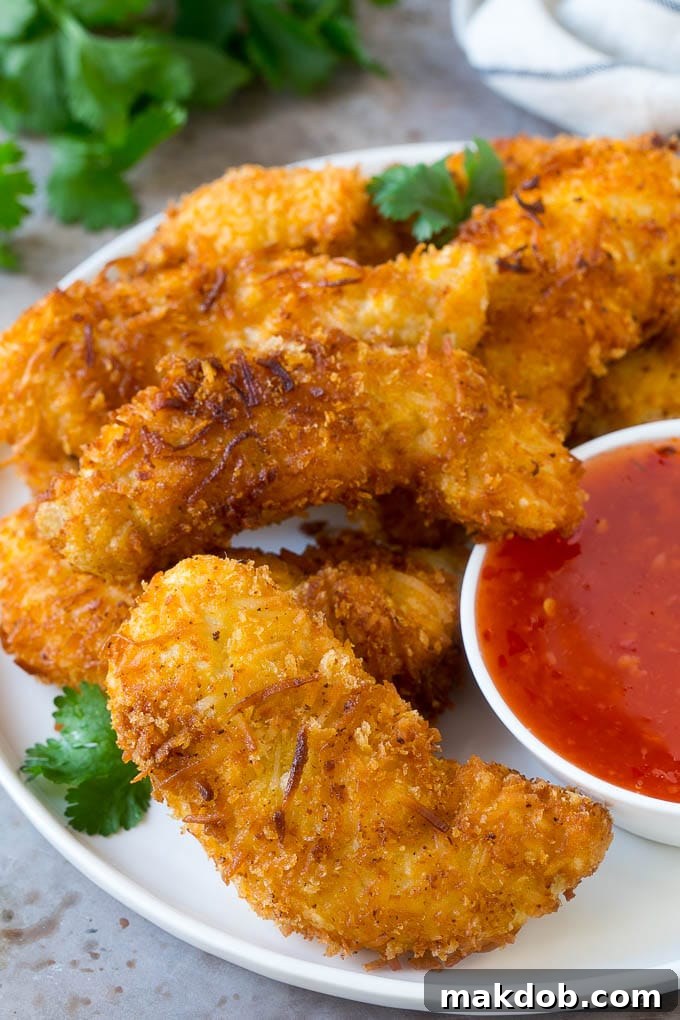 Coconut chicken on a plate served with a side of sweet chili sauce.