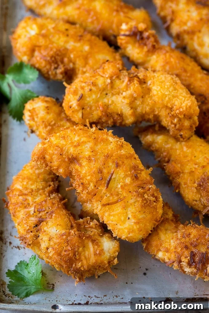 Fried coconut chicken fingers with cilantro for garnish.