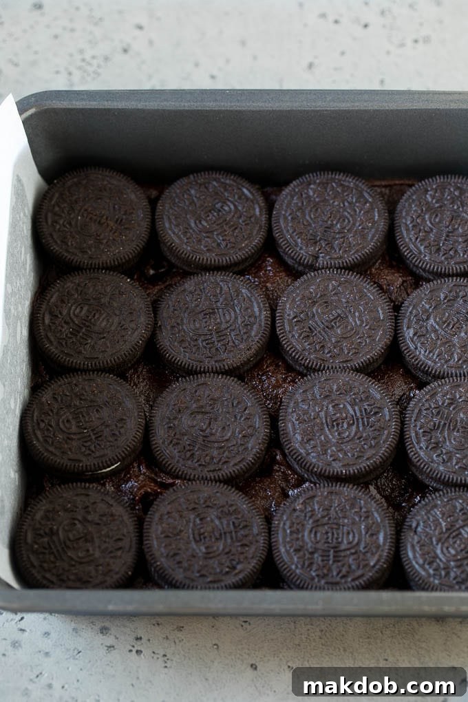 A layer of brownie batter with a layer of Oreo cookies on top.