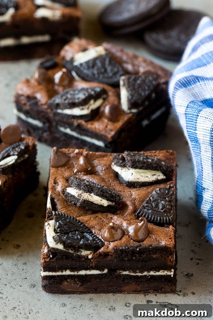 Oreo brownies with layers of cookies between a rich fudgy dough.