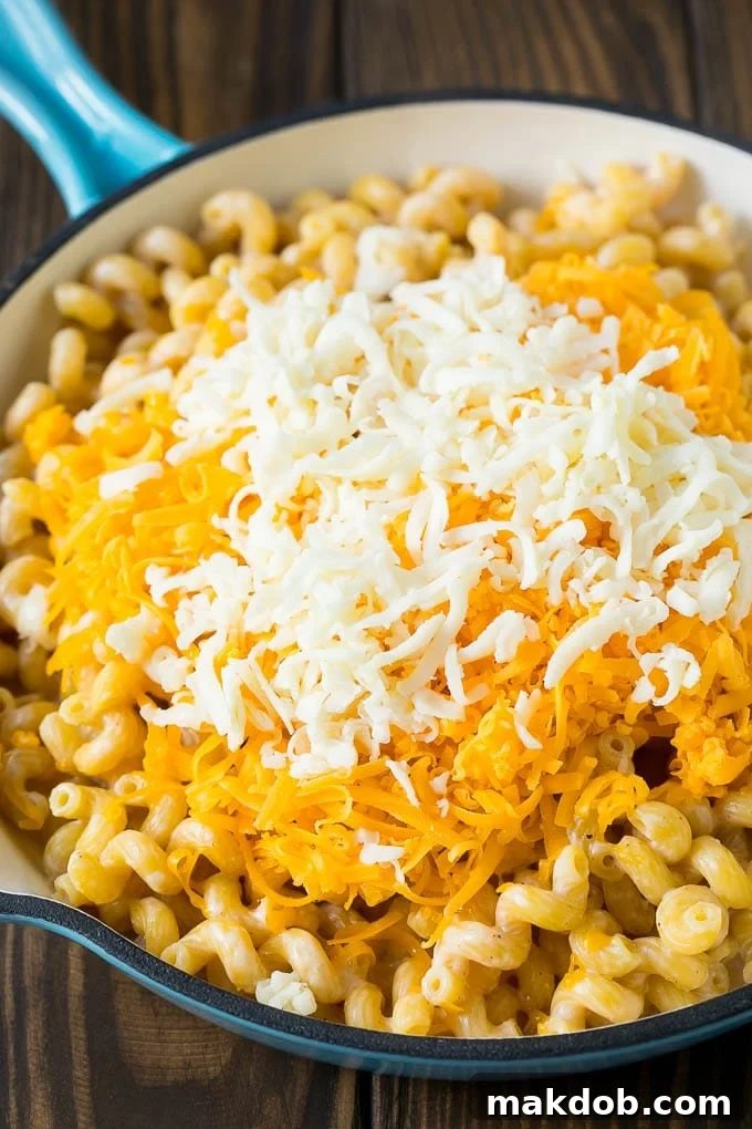 The heart of the dish: perfectly coated noodles in a cheesy sauce. Noodles tossed generously with two types of freshly shredded cheese, creating a smooth, rich sauce.