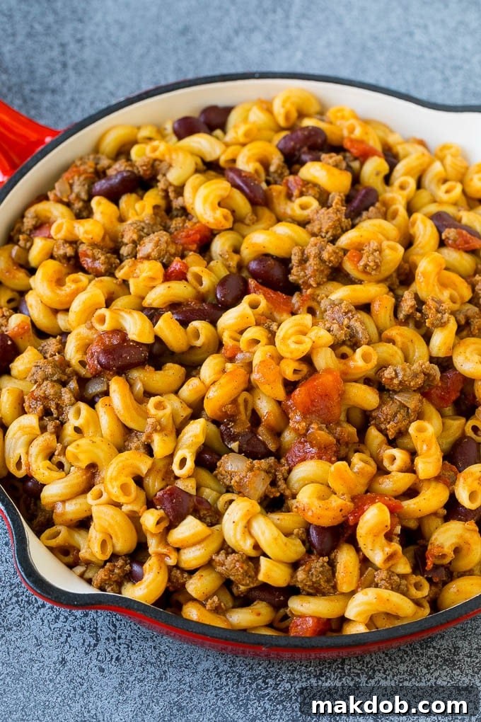 Chili mac made with beef, beans, tomatoes and spices.