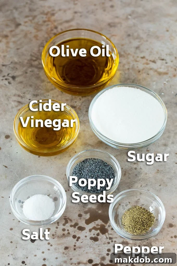Bowls of ingredients for poppy seed dressing.
