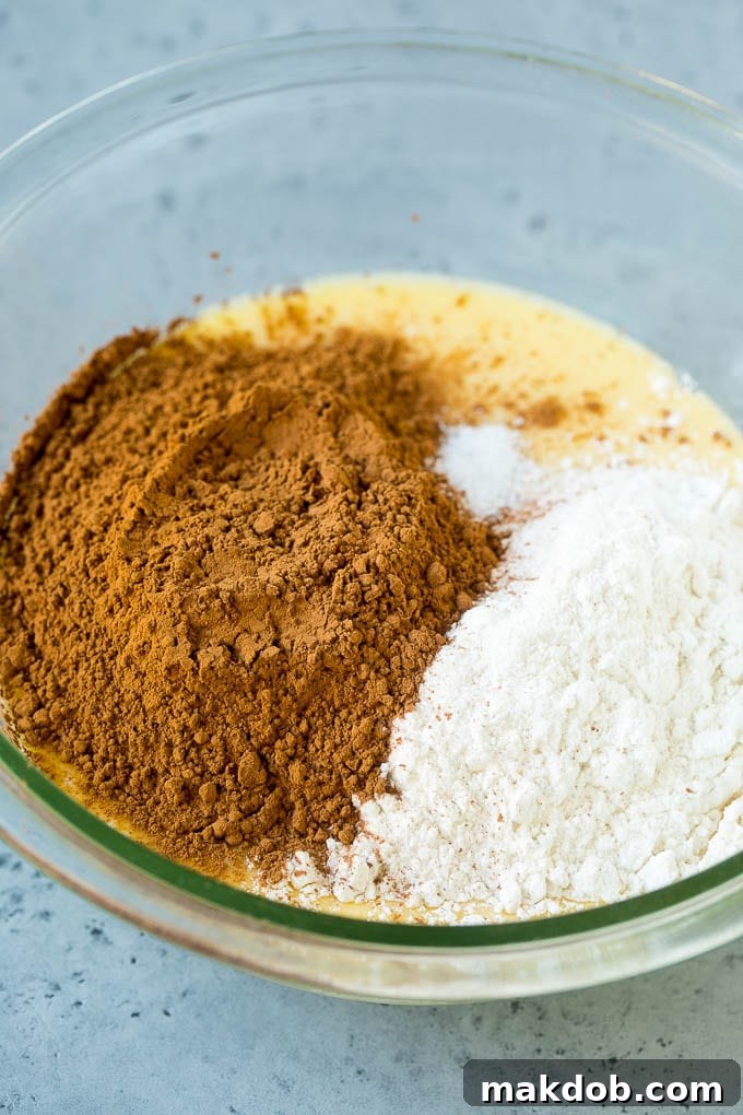 Cocoa powder and flour in a bowl of melted butter and sugar.