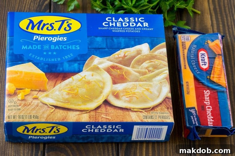 Pierogi Casserole Recipe | Potato Casserole #pierogis #casserole #bacon #cheddar #dinner #dinneratthezoo A box of pierogies and a block of cheddar cheese.