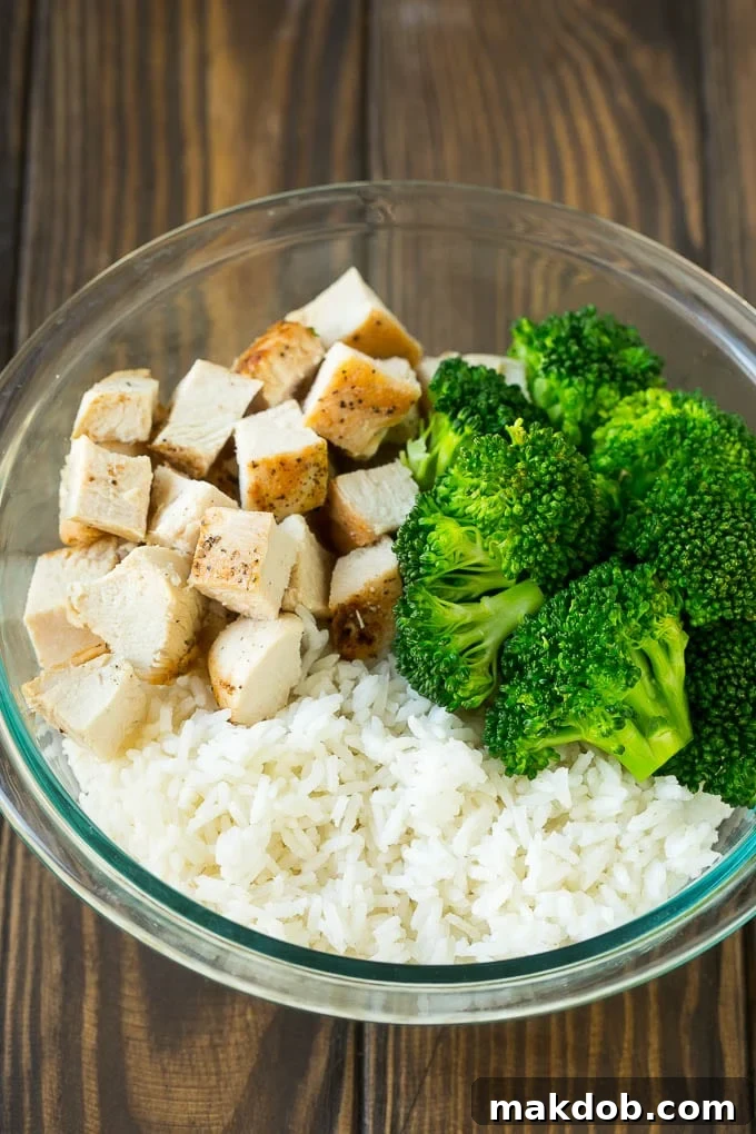 Preparing Chicken Casserole: Mixing Chicken, Broccoli, and Rice A large mixing bowl filled with a hearty mixture of cooked chicken, tender broccoli florets, and fluffy rice, ready to be coated in creamy sauce.