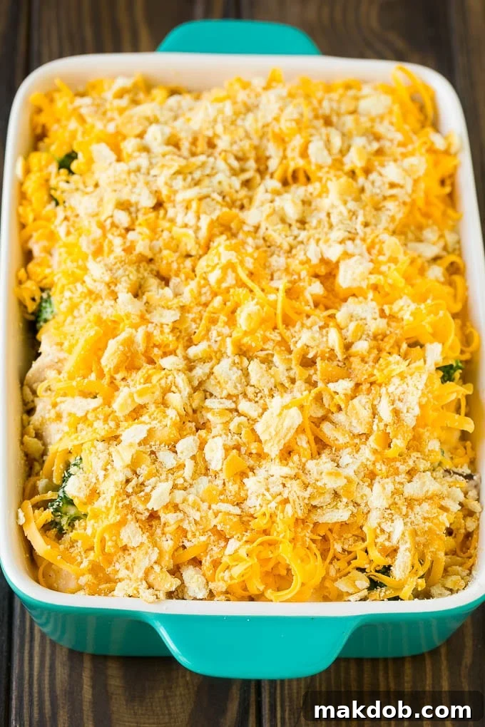 Crispy Topping on Baked Chicken Casserole A golden-brown chicken casserole, generously topped with a crunchy layer of crushed crackers and melted cheddar cheese, just out of the oven.